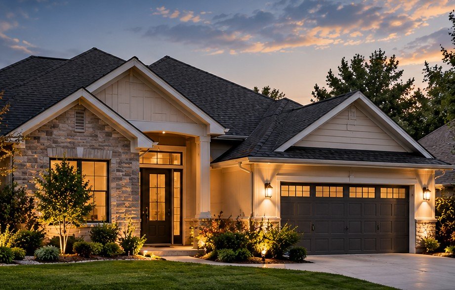 Warmly lit home at dusk